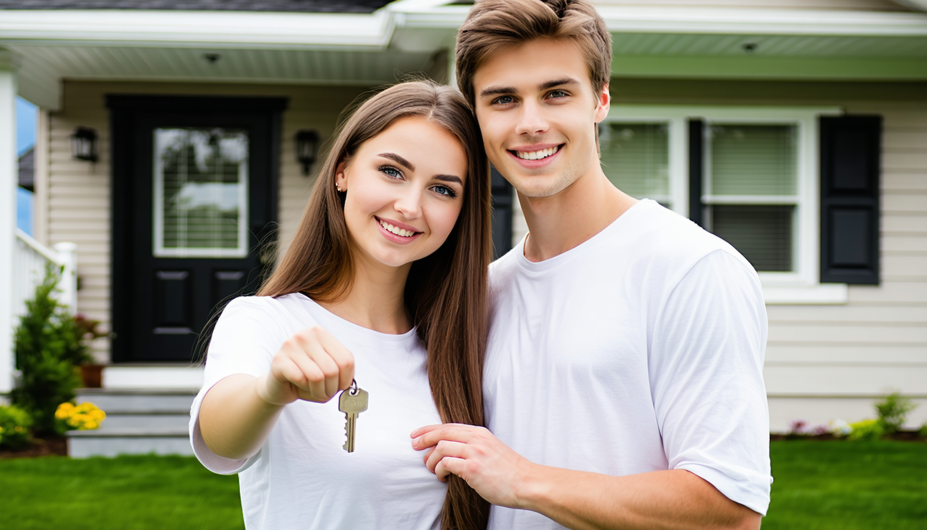 Young couple holding keys outside their first home