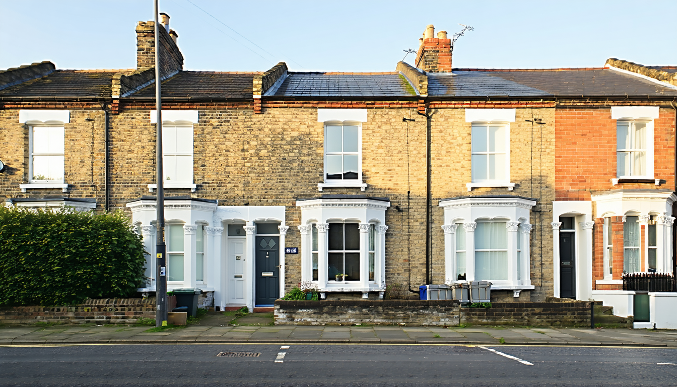 Row of British terraced houses on a residential street