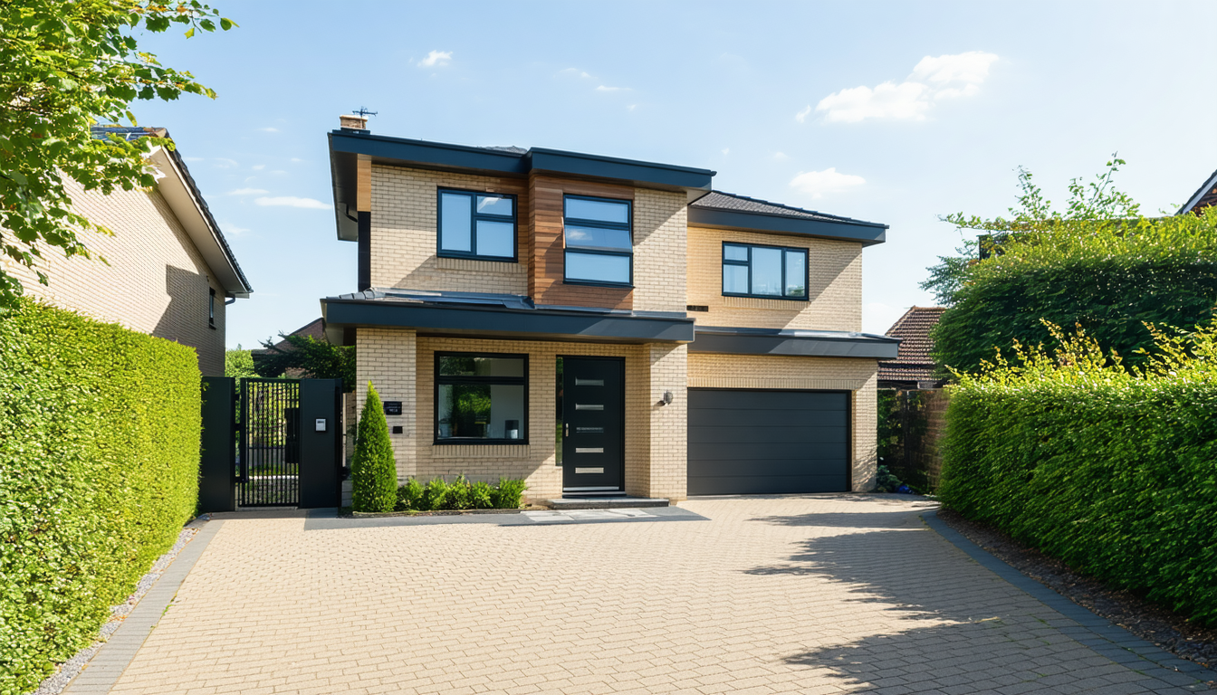 Modern British house with front garden and driveway
