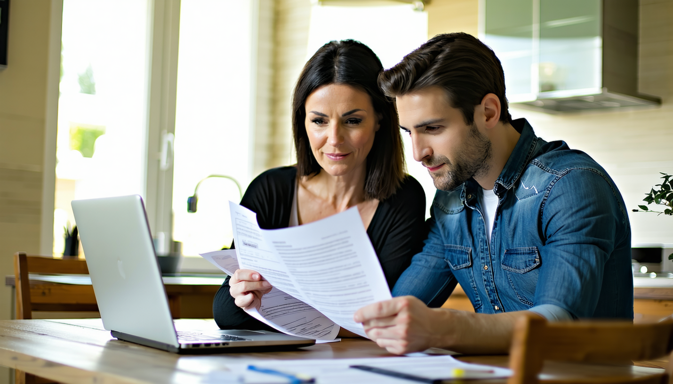 Couple reviewing mortgage paperwork at a kitchen table