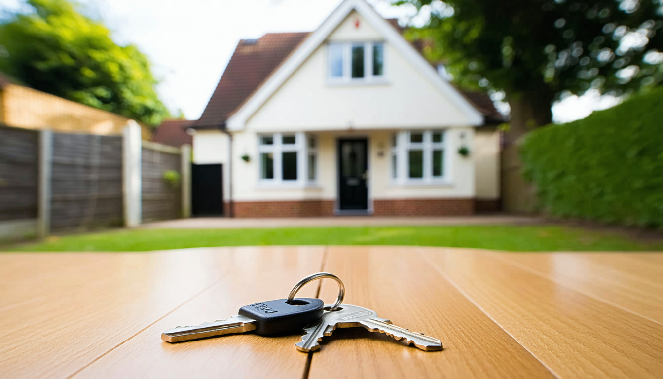 British suburban house with keys on a table